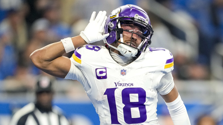 Getty Images - DETROIT, MICHIGAN - JANUARY 07: Justin Jefferson #18 of the Minnesota Vikings celebrates after a touchdown during the third quarter in the game against the Detroit Lions at Ford Field on January 07, 2024 in Detroit, Michigan. (Photo by Nic Antaya/Getty Images)