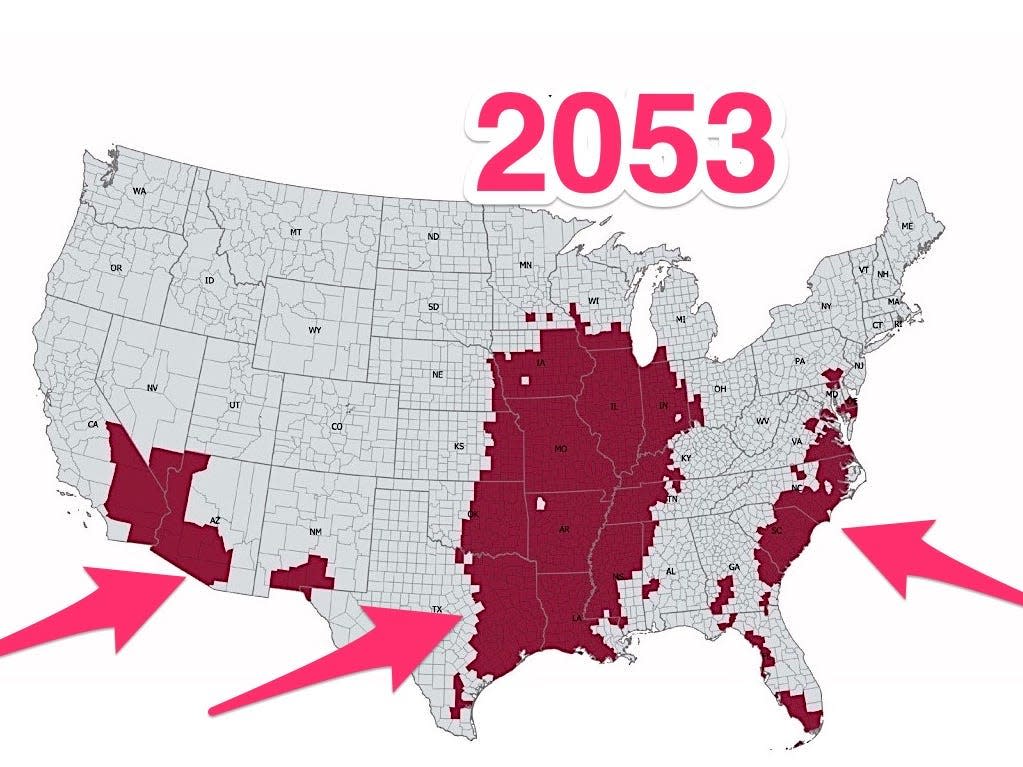 Map shows 'extreme heat belt' projected to cover a quarter of the US in 30 years..