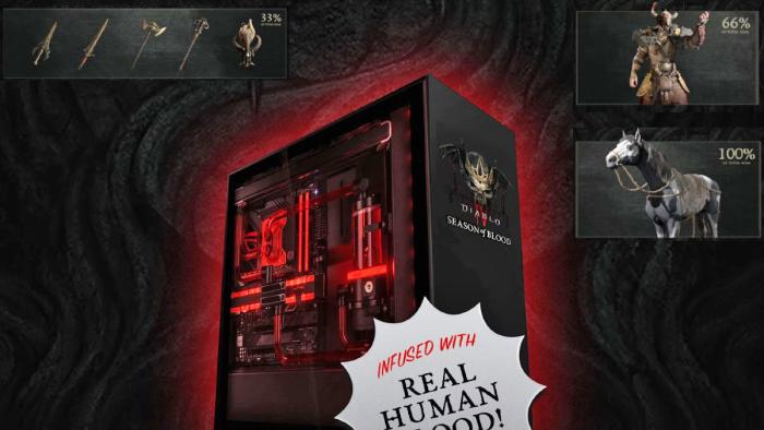 A promo image showing rewards for Diablo's blood drive, including a custom PC infused with human blood.