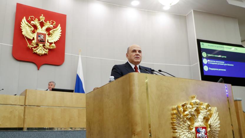 Russia's Prime Minister Mikhail Mishustin delivers a speech during a session of the State Duma, the lower house of parliament, in Moscow, Russia May 12, 2021. Sputnik/Dmitry Astakhov/Pool via REUTERS  ATTENTION EDITORS - THIS IMAGE WAS PROVIDED BY A THIRD PARTY.