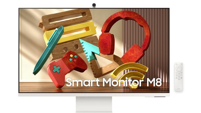 Product image for the Samsung Smart Monitor M8. The monitor sits in front of a plain white background with a colorful graphic (including cut-out earphones, pen and gaming controller) with "Smart Monitor M8" overlayed below.