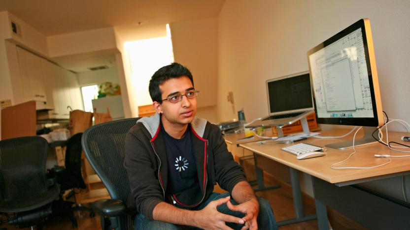 Sahil Lavingia, 19, Chief Executive Officer (CEO) of Gumroad, an online payments company he started, sits in front of computers at his home which doubles as his office in the SOMA neighborhood of San Francisco February 17, 2012. Lavingia, who was born in New York and grew up in places like London, Hong Kong and Singapore, dropped out of the University of Southern California to work at online bulletin board company Pinterest. He also developed the Turntable.fm app for the iPhone. Picture taken February 17, 2012. 