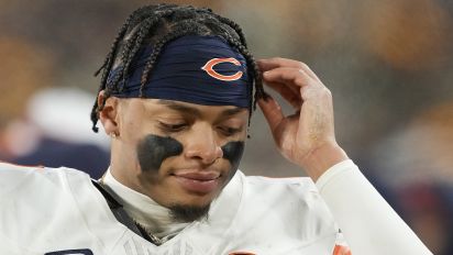 Getty Images - GREEN BAY, WISCONSIN - JANUARY 07: Justin Fields #1 of the Chicago Bears reacts on the sideline in the second half against the Green Bay Packers at Lambeau Field on January 07, 2024 in Green Bay, Wisconsin. (Photo by Patrick McDermott/Getty Images)