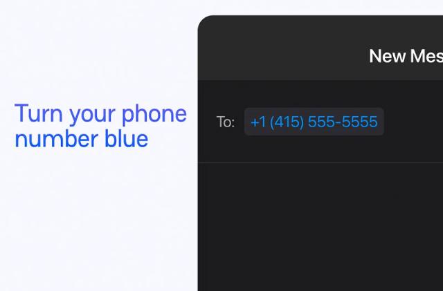 A graphic showing a messaging app on the right with a number in blue. To the left of the app are the words "Turn your phone number blue."