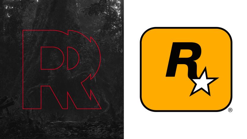 On the left, Remedy Entertainment’s logo, featuring a slightly offset "R" outlined in red in front of a dark forest. On the right, Rockstar Games’ logo, an R with a star attached to it in a yellow square with rounded corners.