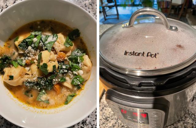 Two photos arranged side by side: vegetable-tortellini soup sprinkled with parmesan, and the Instant Pot being used with a tempered glass lid meant for slow cooking.