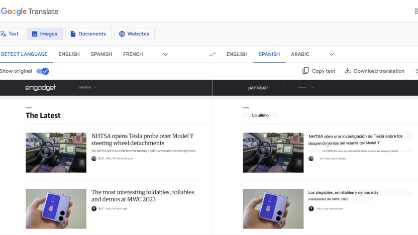 Web interface for Google Translate converting the text in a screenshot of the Engadget homepage from English to Spanish.