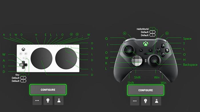 A diagram showing both the accessibility and Elite controllers with lines pointing to each of the mappable controls.