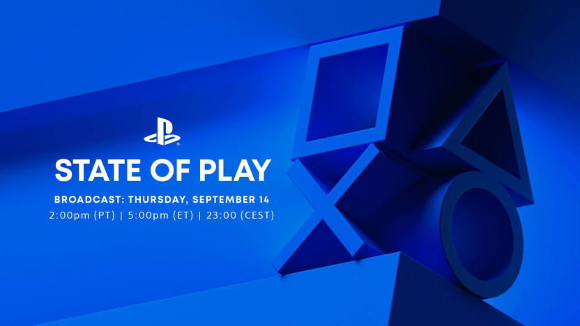 Promotional image for Sony’s September 14 "State of Play" livestream. Blue background with text in white: "State of Play" with broadcast time of 5PM ET. PlayStation logo on the right.
