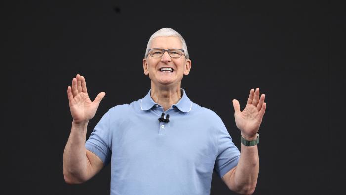 CUPERTINO, CALIFORNIA - JUNE 05: Apple CEO Tim Cook speaks before the start of the Apple Worldwide Developers Conference at its headquarters on June 05, 2023 in Cupertino, California. Apple CEO Tim Cook kicked off the annual WWDC23 developer conference. (Photo by Justin Sullivan/Getty Images)