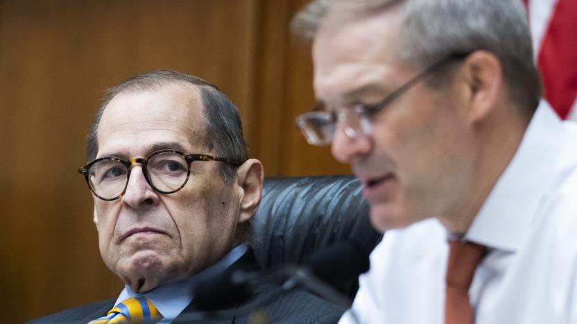 UNITED STATES - JUNE 2: Chairman Jerrold Nadler, D-N.Y., left, and ranking member Rep. Jim Jordan, R-Ohio, conduct the House Judiciary Committee markup of the "Protecting Our Kids Act, which would raise the age limit to buy certain firearms and put in place other safety measures, on Thursday, June 2, 2022. (Tom Williams/CQ-Roll Call, Inc via Getty Images)