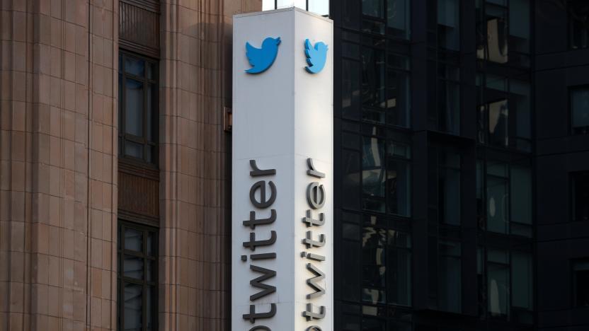 A Twitter logo is seen outside the company headquarters, during a purported demonstration by supporters of U.S. President Donald Trump to protest the social media company's permanent suspension of the President's Twitter account, in San Francisco, California, U.S., January 11, 2021. REUTERS/Stephen Lam