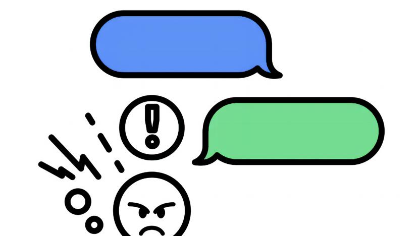An illustration of a blue message bubble followed by a green message bubble, with a frustrated-looking emoji at the bottom.