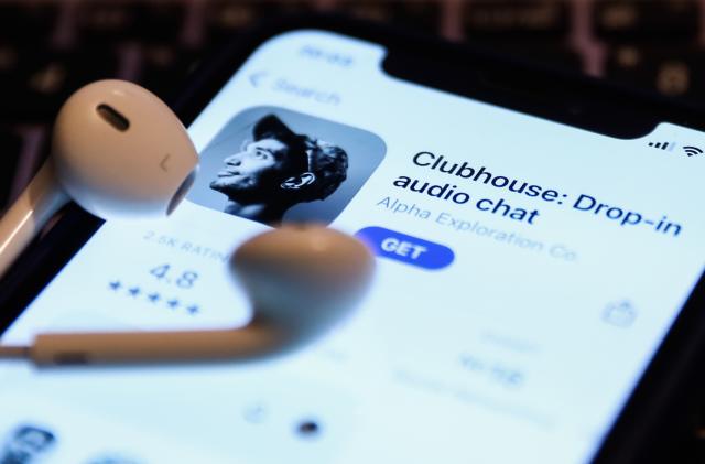 Clubhouse Drop-in audio chat app logo on the App Store is seen displayed on a phone screen in this illustration photo taken in Krakow, Poland on April 6, 2021.  (Photo Illustration by Jakub Porzycki/NurPhoto via Getty Images)