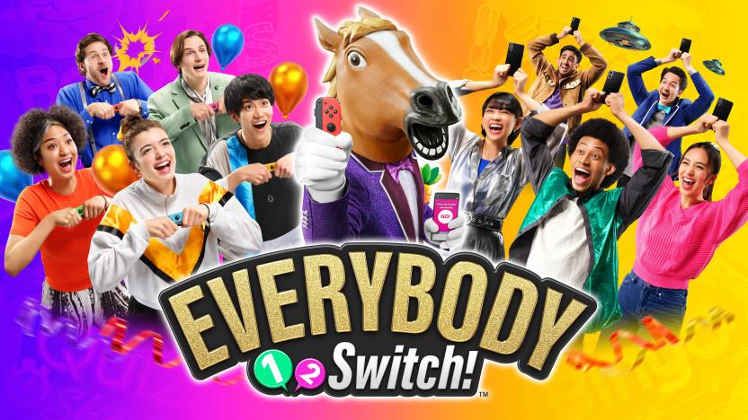 A promo photo for Nintendo's Everybody 1-2 Switch game. It shows a person with a horse mask on at the center, surrounded by people with their hands curled around Joy-Cons in front of them at the left side. At their right side, a bunch of people are posing with their hands above their heads while holding their phone. 