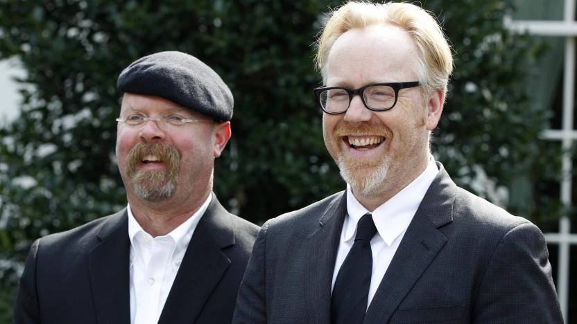 Discovery Channel's MythBusters hosts, Jamie Hyneman, left, and Adam Savage, speak to reporters outside the White House in Washington, Monday, Oct. 18, 2010, after they taped a segment with President Barack Obama. (AP Photo/Charles Dharapak)