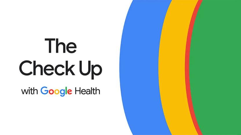 Splash screen logo for Google's "The Check Up" health-related event. The text "The Check Up with Google Health" sits to the left of concentric circles in blue, yellow, red and green hues.