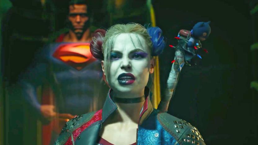 A shot from the game Suicide Squad: Kill the Justice League showing Harley Quinn with a bat peeking out from over her shoulder and Superman a few feet behind here.