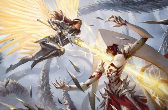 Magic: The Gathering artwork featuring an angel piercing a demon with a light sword.  