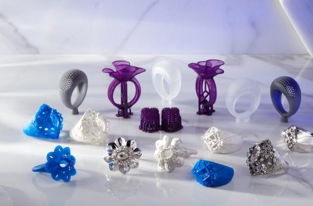 Group shot of rings made with Formlabs' new Castable Wax 40.