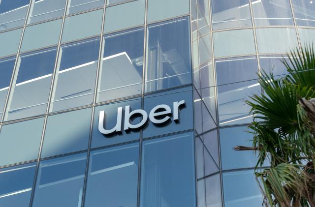 Logo is visible on facade at headquarters of ridesharing company Uber in Mission Bay, San Francisco, California, November 19, 2020. (Photo by Smith Collection/Gado/Getty Images)