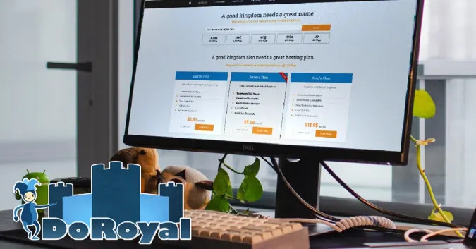 A desktop setup featuring a mechanical keyboard and monitor depicts DoRoyal’s payment plans on screen