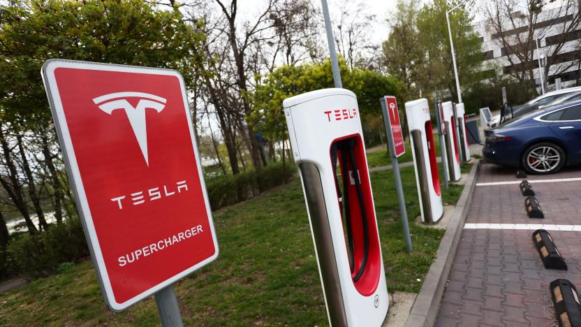 Tesla Supercharger at a gas station in Katowice, Poland on April 24, 2023. (Photo by Jakub Porzycki/NurPhoto via Getty Images)