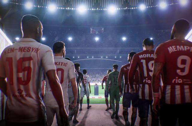 Sevilla and Atletico Madrid players walk out to the pitch in EA Sports FC 24.