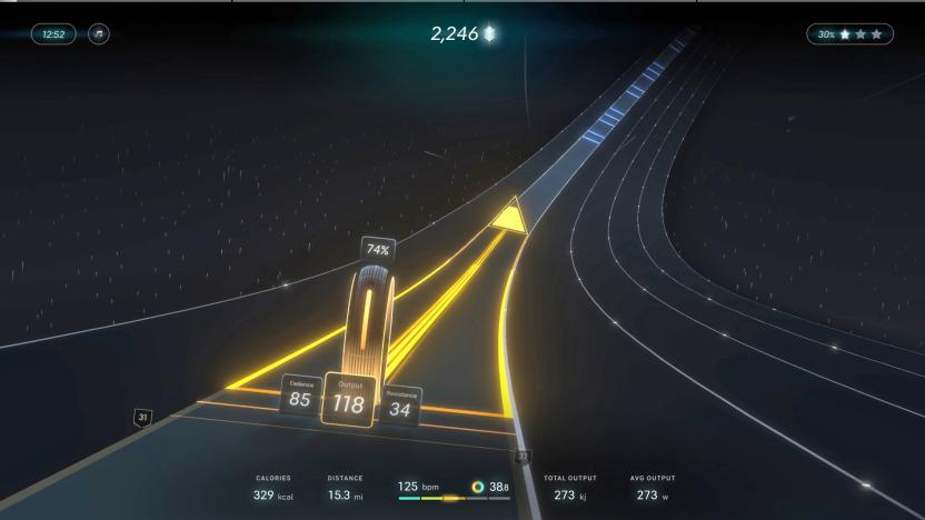 A still image from the Peloton video game 'Lanebreak' showing a single wheel glowing yellow heading down a 6-lane road that hangs in black space.