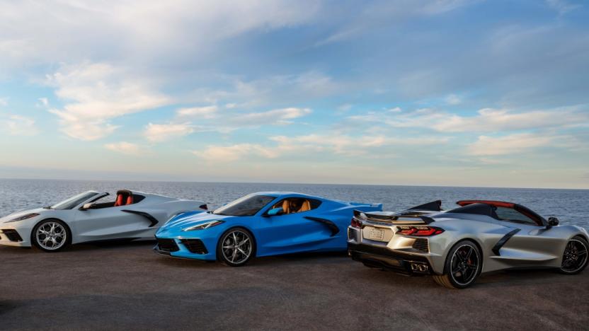 2021 Chevrolet Corvette Stingray Coupe and Convertible (far right in new Silver Flare Metallic)