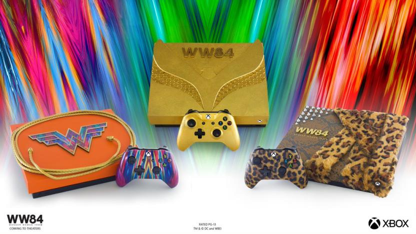 The three Wonder Woman-stylized Xbox One X consoles.