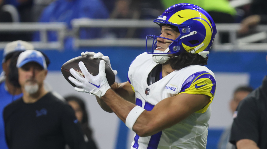 Getty Images - DETROIT, MI - JANUARY 14:  Los Angeles Rams wide receiver Puka Nacua (17) catches a pass during an NFL NFC Wild Card playoff football game between the Los Angeles Rams and the Detroit Lions on January 14, 2024 at Ford Field in Detroit, Michigan.  (Photo by Scott W. Grau/Icon Sportswire via Getty Images)