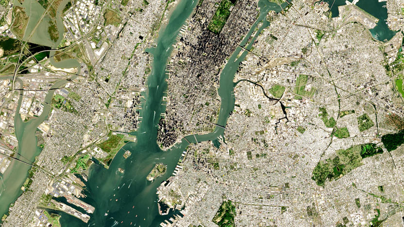 NEW YORK - OCTOBER 2016: (SOUTH AFRICA OUT) Satellite view of New York City with Midtown and Lower Manhattan visible on 15 October 2016. Jersey City to the left and Brooklyn and Queens to the right. (Photo by USGS/NASA Landsat data/Orbital Horizon/Gallo Images/Getty Images)