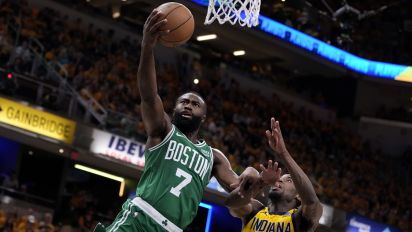 Associated Press - Boston Celtics guard Jaylen Brown (7) drives to the basket over Indiana Pacers forward Aaron Nesmith (23) during the first half of Game 4 of the NBA Eastern Conference basketball finals, Monday, May 27, 2024, in Indianapolis. (AP Photo/Michael Conroy)