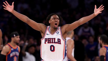 Getty Images - NEW YORK, NEW YORK - APRIL 30: Tyrese Maxey #0 of the Philadelphia 76ers reacts in the fourth quarter against the New York Knicks  at Madison Square Garden on April 30, 2024 in New York City. The Philadelphia 76ers defeated the New York Knicks 112-106 in overtime. NOTE TO USER: User expressly acknowledges and agrees that, by downloading and or using this photograph, User is consenting to the terms and conditions of the Getty Images License Agreement. (Photo by Elsa/Getty Images)