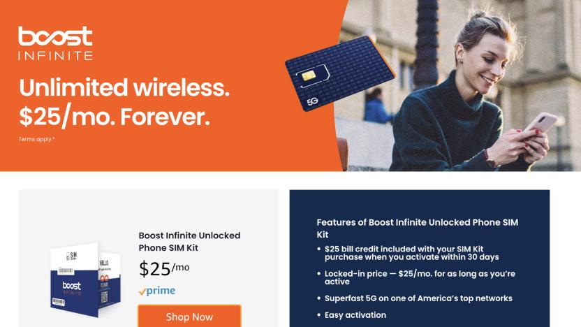 A screenshot showing a woman on her phone with the words: Boost Infinite. Unlimited Wireless. $25/mo. Forever.