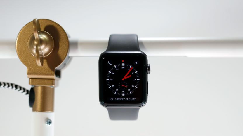 Apple Watch Series 3 hanging off a bar