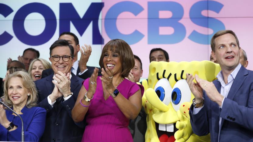 NEW YORK, NEW YORK - DECEMBER 05: (L_R) Sherri Redstone, Stephen Colbert, Gayle King and Nelson Griggs attend as  ViacomCBS Inc. rings the opening bell at NASDAQ on December 05, 2019 in New York City. (Photo by John Lamparski/Getty Images)