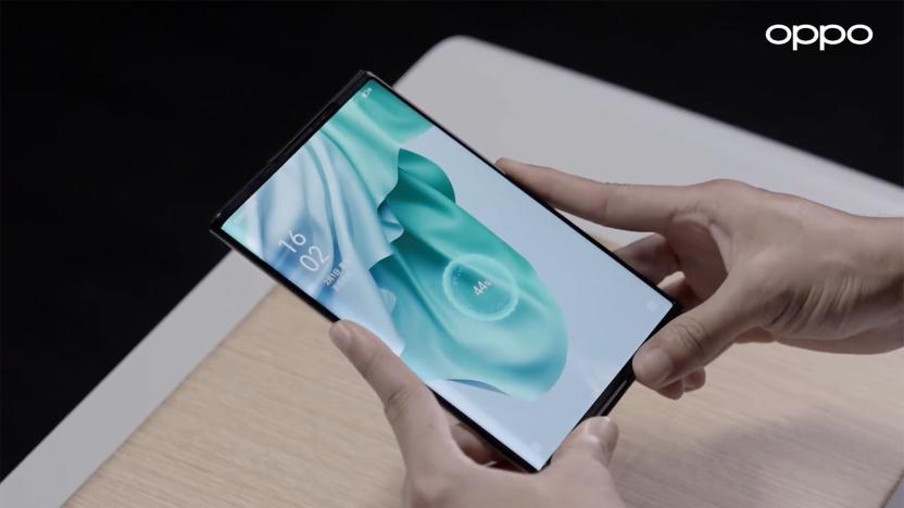 Oppo demonstrates its over-the-air wireless charging tech using its X 2021 rollable phone.