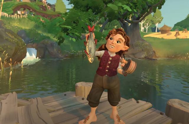 A Hobbit holds up a fish in Tales of the Shire.