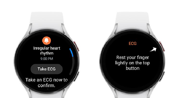 Screenshots of an irregular heart rhythm notification on a Samsung Galaxy Watch. The first one reads "Irregular heart rhythm. 9PM. Take ECG. Take an ECG now to confirm." The other screenshot reads "ECG. Rest your finger lightly on the top button" with an arrow pointing to the button.