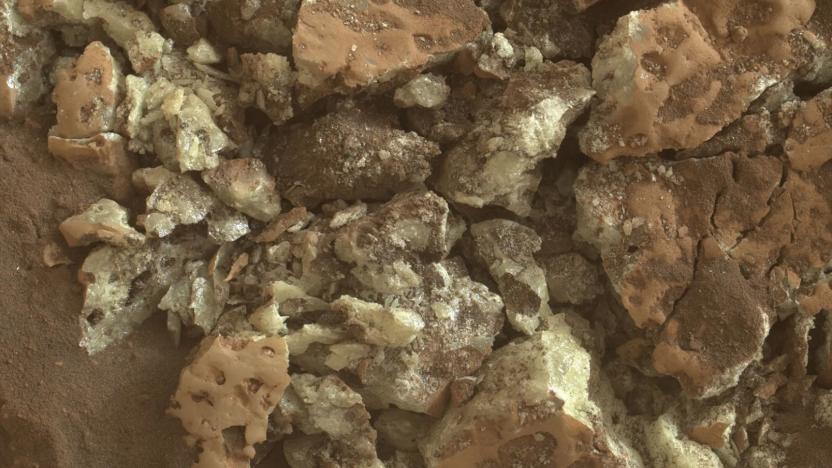 A closeup image of sulfur crystals observed by the Curiosity rover on Mars