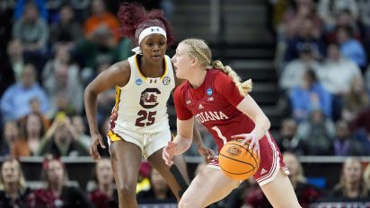 Associated Press - Indiana guard Lexus Bargesser (1) drives against South Carolina guard Raven Johnson (25) during the first half of a Sweet Sixteen round college basketball game during the NCAA Tournament, Friday, March 29, 2024, in Albany, N.Y. (AP Photo/Mary Altaffer)