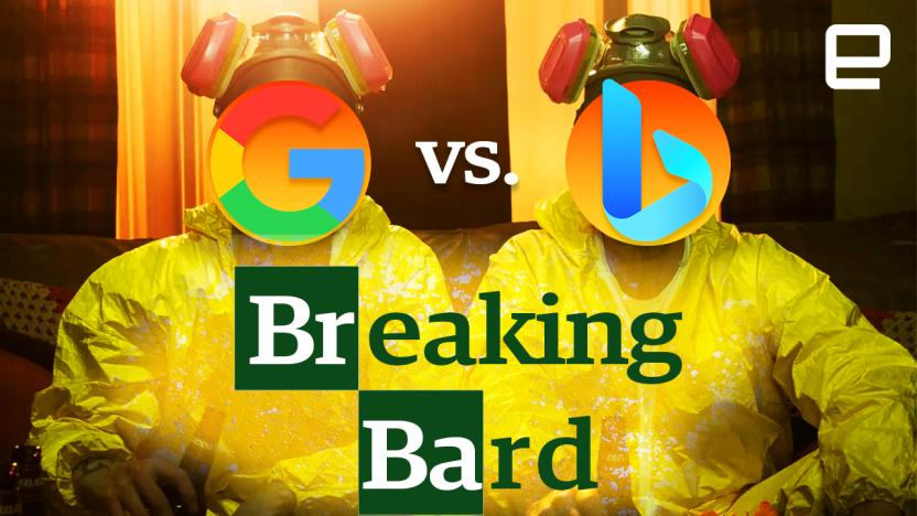 A graphic featuring the logos of Google and Bing on top of two characters in yellow hazmat suits, and the words "Breaking Bard" in the same font as the TV show "Breaking Bad."