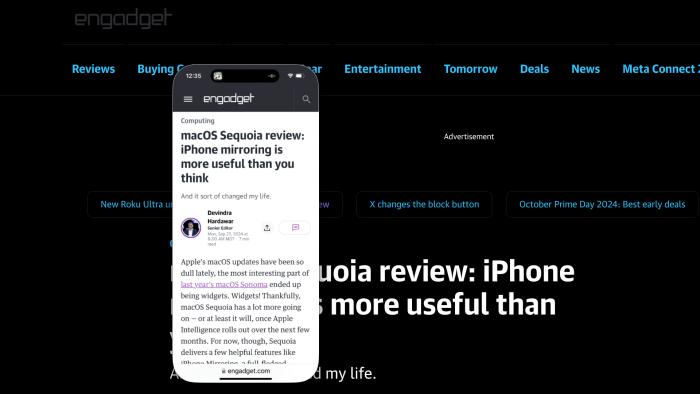 macOS screenshot. A virtual iPhone screen over a macOS window. Both show Engadget's macOS Sequoia review.