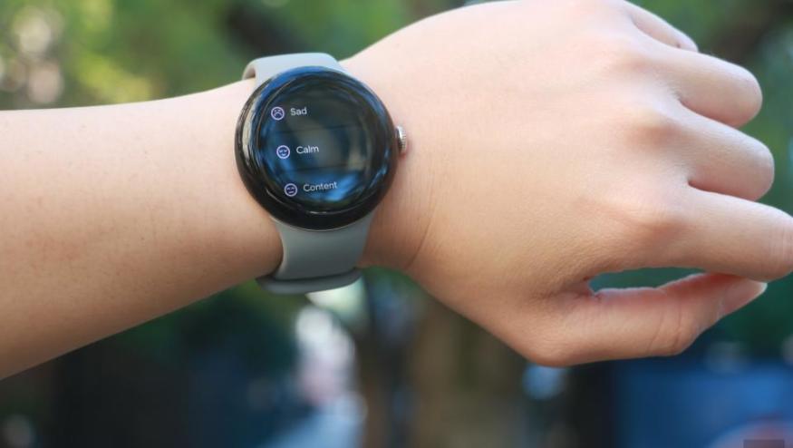 The Google Pixel Watch 2 on a person's left wrist, which is held up horizontally. The screen shows a list of feelings to log, including "Sad," "Calm" and "Content."