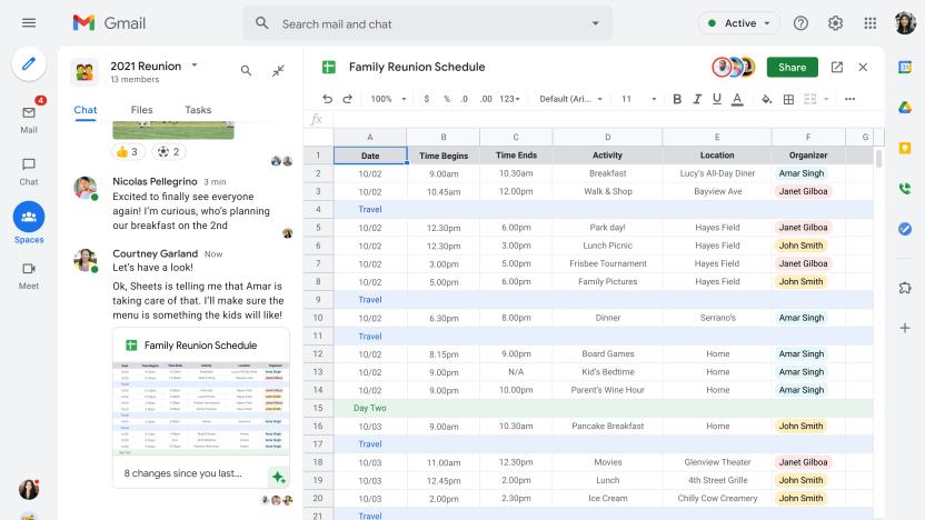 An image showing Spaces in Google Chat. A column takes up the left third of the screen, showing a conversation between teammates. The remaining two thirds of the screen shows a Google spreadsheet titled Family Reunion Schedule.