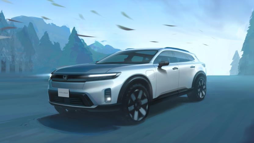 A rendering of the Honda Prologue electric SUV driving through a blue hued forest.