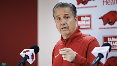 Getty Images - FAYETTEVILLE, ARKANSAS - APRIL 10: New Arkansas Razorback basketball Head Coach John Calipari holds his first press conference after his introduction at Bud Walton Arena on April 10, 2024 in Fayetteville, Arkansas. (Photo by Wesley Hitt/Getty Images)