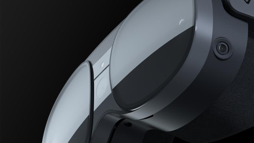 A ender of HTC's new VR and AR headset, showing a goggles-style design with front- and side-facing cameras.